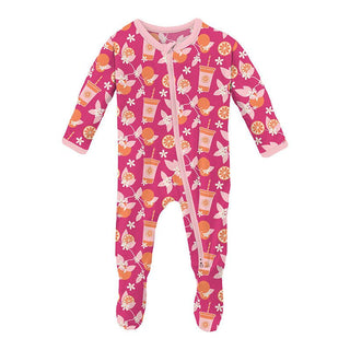 Girl's Print Bamboo Footie with 2-Way Zipper - Calypso Orange Cream KicKee Pants