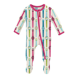 Girl's Print Bamboo Footie with 2-Way Zipper - Natural Watches KicKee Pants