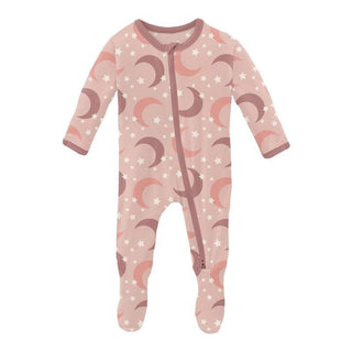 Girl's Print Bamboo Footie with 2-Way Zipper - Peach Blossom Moon and Stars KicKee Pants