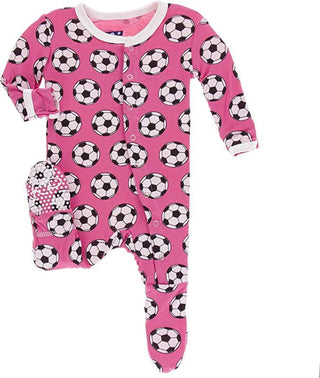 Girl's Print Bamboo Footie with Snaps - Flamingo Soccer KicKee Pants