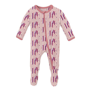 Girl's Print Bamboo Footie with Zipper - Baby Rose Elephant Stripe KicKee Pants