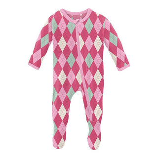 Girl's Print Bamboo Footie with Zipper - Flamingo Argyle Baby & Toddler Sleepwear