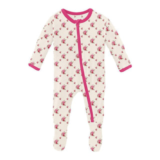 Girl's Print Bamboo Footie with Zipper - Natural Rose Trellis KicKee Pants