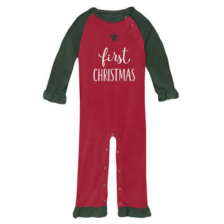 Girl's Print Bamboo Graphic Ruffle Raglan Romper - Crimson First Christmas KicKee Pants