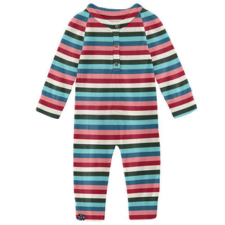 Girl's Print Bamboo Knitted Henley Romper - Snowball Multi Stripe Baby One-Pieces