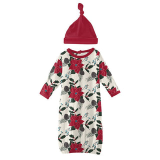 Girl's Print Bamboo Layette Gown & Single Knot Hat Set - Christmas Floral KicKee Pants