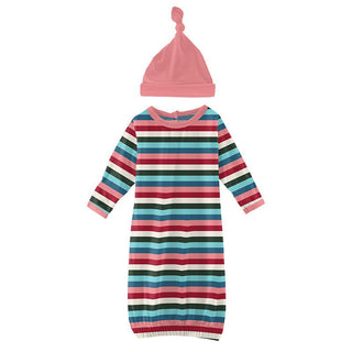 Girl's Print Bamboo Layette Gown & Single Knot Hat Set - Snowball Multi Stripe Baby & Toddler Sleepwear