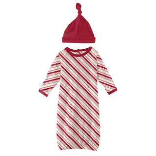 Girl's Print Bamboo Layette Gown & Single Knot Hat Set - Strawberry Candy Cane Stripe Baby & Toddler Sleepwear