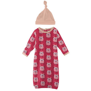 Girl's Print Bamboo Layette Gown & Single Knot Hat Set - Taffy Wise Owls Baby & Toddler Sleepwear