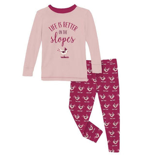 Girl's Print Bamboo Long Sleeve Graphic Tee Pajama Set - Berry Ski Birds Baby & Toddler Sleepwear