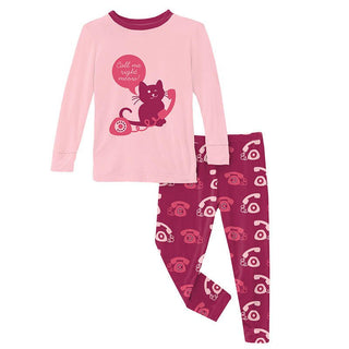 KicKee Pants Girls Print Long Sleeve Graphic Tee Pajama Set - Berry Telephone 15ANV | Stylish Sleepies offer designs that make bedtime beautiful.