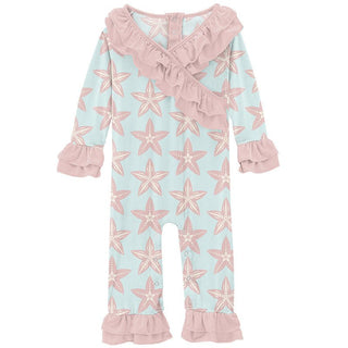 Girl's Print Bamboo Long Sleeve Kimono Double Ruffle Romper - Fresh Air Fancy Starfish Baby One-Pieces