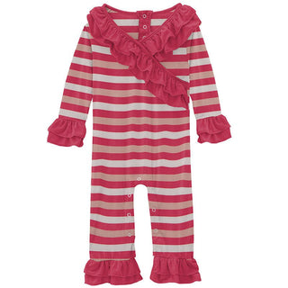 Girl's Print Bamboo Long Sleeve Kimono Double Ruffle Romper - Hopscotch Stripe Baby One-Pieces