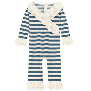 Girl's Print Bamboo Long Sleeve Kimono Double Ruffle Romper - Nautical Stripe Baby One-Pieces