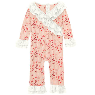 Girl's Print Bamboo Long Sleeve Kimono Double Ruffle Romper - Peach Blossom Music Class Baby One-Pieces