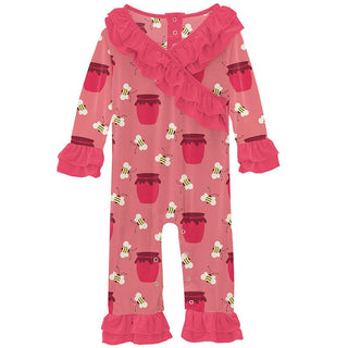 Girl's Print Bamboo Long Sleeve Kimono Double Ruffle Romper - Strawberry Bees & Jam Baby One-Pieces