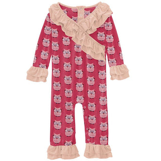 KicKee Pants Girls Print Long Sleeve Kimono Double Ruffle Romper - Taffy Wise Owls