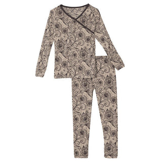 KicKee Pants Girls Print Long Sleeve Kimono Pajama Set - Burlap Lace | Stylish Sleepies offer designs that make bedtime beautiful.