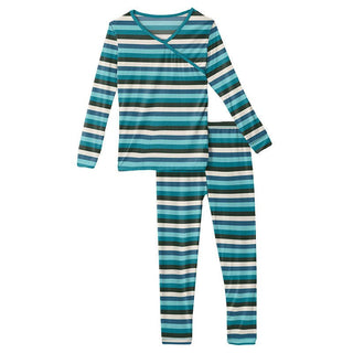 Girl's Print Bamboo Long Sleeve Kimono Pajama Set - Ice Multi Stripe Baby & Toddler Sleepwear