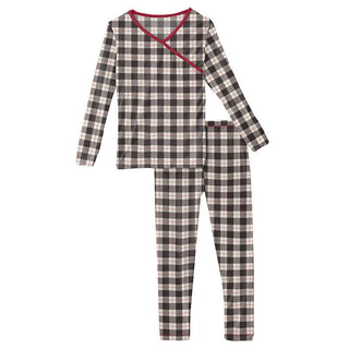 Girl's Print Bamboo Long Sleeve Kimono Pajama Set - Midnight Holiday Plaid Baby & Toddler Sleepwear