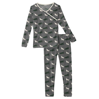 KicKee Pants Girls Print Long Sleeve Kimono Pajama Set - Pewter Christmas Tree Drag | Stylish Sleepies offer designs that make bedtime beautiful.