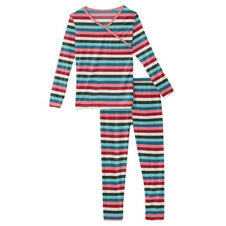 KicKee Pants Girls Print Long Sleeve Kimono Pajama Set - Snowball Multi Stripe | Stylish Sleepies offer designs that make bedtime beautiful.