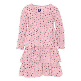 KicKee Pants Girl's Print Long Sleeve Layered Ruffle Dress - Lotus Sprinkles