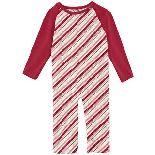 Girl's Print Bamboo Long Sleeve Raglan Romper - Strawberry Candy Cane Stripe Baby One-Pieces