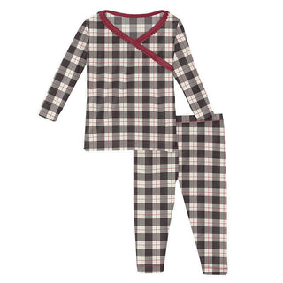 Girl's Print Bamboo Long Sleeve Scallop Kimono Pajama Set - Midnight Holiday Plaid Baby & Toddler Sleepwear