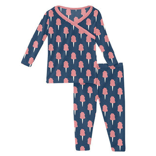 Girl's Print Bamboo Long Sleeve Scallop Kimono Pajama Set - Navy Cotton Candy Baby & Toddler Sleepwear