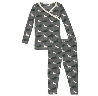 KicKee Pants Girls Print Long Sleeve Scallop Kimono Pajama Set - Pewter Christmas Tree Drag | Stylish Sleepies offer designs that make bedtime beautiful.