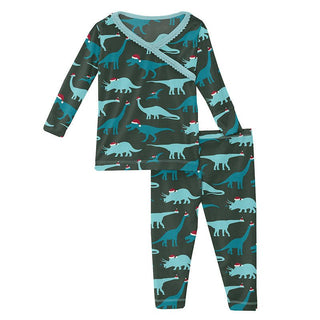 KicKee Pants Girls Print Long Sleeve Scallop Kimono Pajama Set - Santa Dinos | Stylish Sleepies offer designs that make bedtime beautiful.