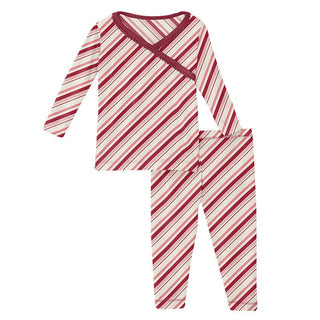 Girl's Print Bamboo Long Sleeve Scallop Kimono Pajama Set - Strawberry Candy Cane Stripe KicKee Pants