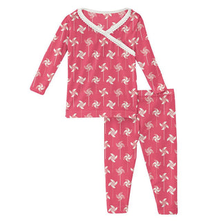 Girl's Print Bamboo Long Sleeve Scallop Kimono Pajama Set - Taffy Pinwheel Baby & Toddler Sleepwear