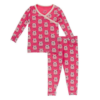 KicKee Pants Girls Print Long Sleeve Scallop Kimono Pajama Set - Taffy Wise Owls | Stylish Sleepies offer designs that make bedtime beautiful.