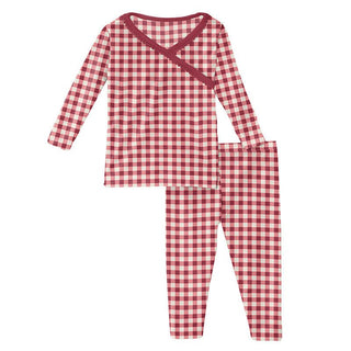 Girl's Print Bamboo Long Sleeve Scallop Kimono Pajama Set - Wild Strawberry Gingham Baby & Toddler Sleepwear