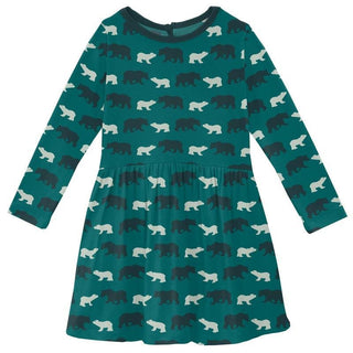 KicKee Pants Girls Print Long Sleeve Twirl Dress - Cedar Brown Bear WCA22