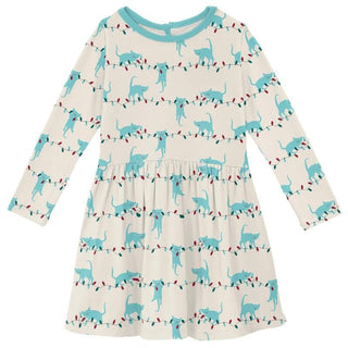 KicKee Pants Girls Print Long Sleeve Twirl Dress - Natural Tangled Kittens WCA22