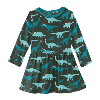 KicKee Pants Girls Print Long Sleeve Twirl Dress - Santa Dinos