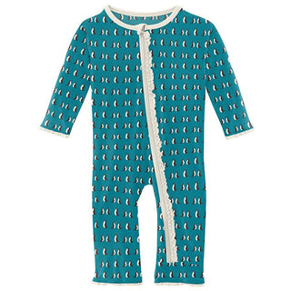 KicKee Pants Girls Print Muffin Ruffle Coverall with Zipper - Bay Penguins