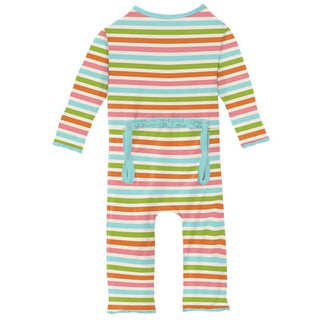 Girl's Print Bamboo Muffin Ruffle Coverall with Zipper - Beach Day Stripe KicKee Pants