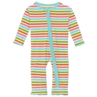 Girl's Print Bamboo Muffin Ruffle Coverall with Zipper - Beach Day Stripe KicKee Pants