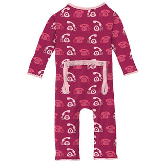 Girl's Print Bamboo Muffin Ruffle Coverall with Zipper - Berry Telephone (15ANV) Baby & Toddler Sleepwear