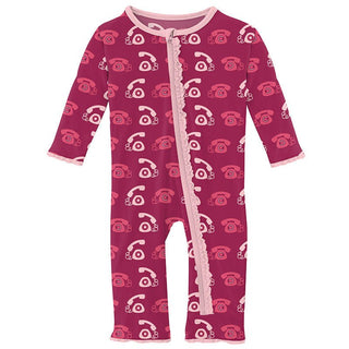 Girl's Print Bamboo Muffin Ruffle Coverall with Zipper - Berry Telephone (15ANV) Baby & Toddler Sleepwear