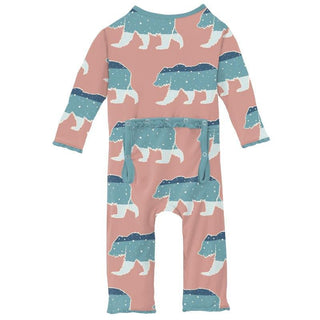 Girl's Print Bamboo Muffin Ruffle Coverall with Zipper - Blush Night Sky Bear KicKee Pants