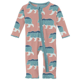 Girl's Print Bamboo Muffin Ruffle Coverall with Zipper - Blush Night Sky Bear KicKee Pants