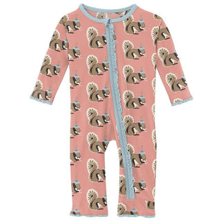 KicKee Pants Girls Print Muffin Ruffle Coverall with Zipper - Blush Squirrel with Flower Hat