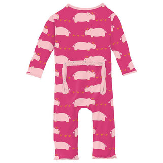 Girl's Print Bamboo Muffin Ruffle Coverall with Zipper - Calypso Hippo KicKee Pants