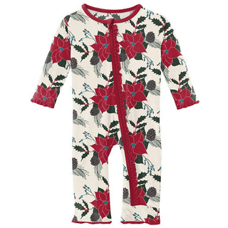 Girl's Print Bamboo Muffin Ruffle Coverall with Zipper - Christmas Floral KicKee Pants