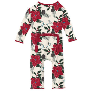 Girl's Print Bamboo Muffin Ruffle Coverall with Zipper - Christmas Floral KicKee Pants